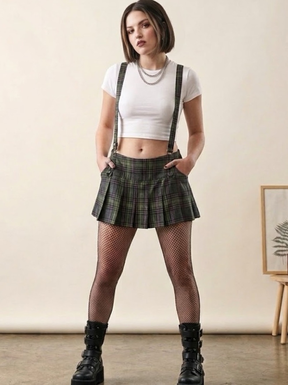 2000s Lip Service pink and green plaid mini skirt removable suspenders